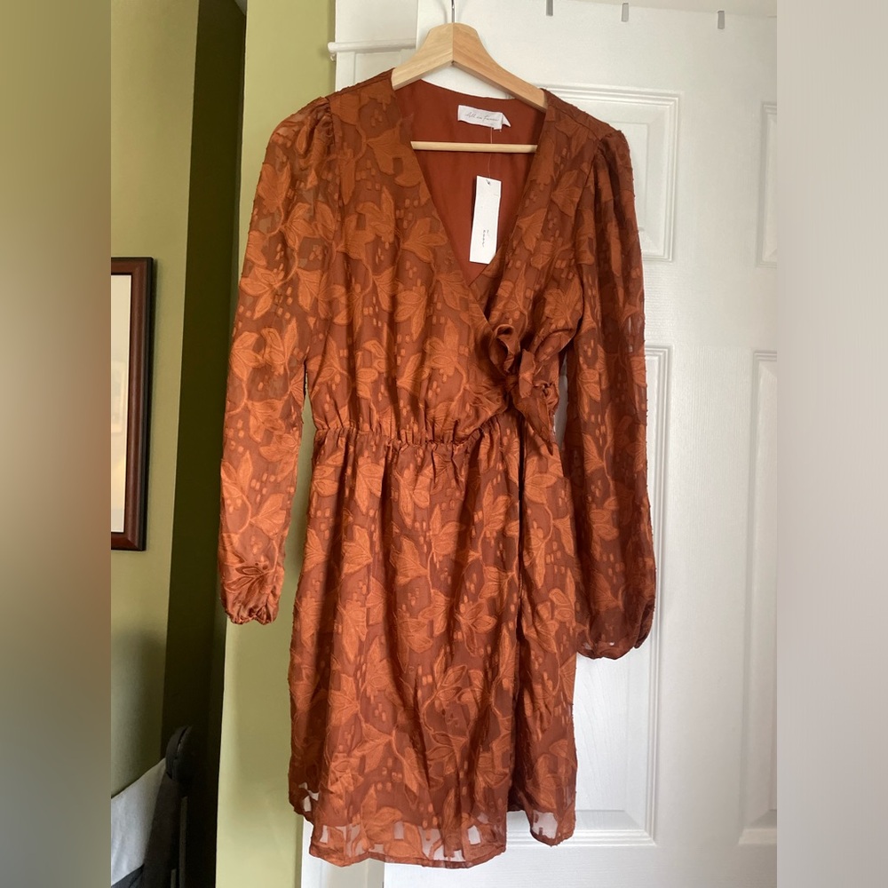 All in Favor Burnt Orange Floral Wrap Dress with Tie Waist